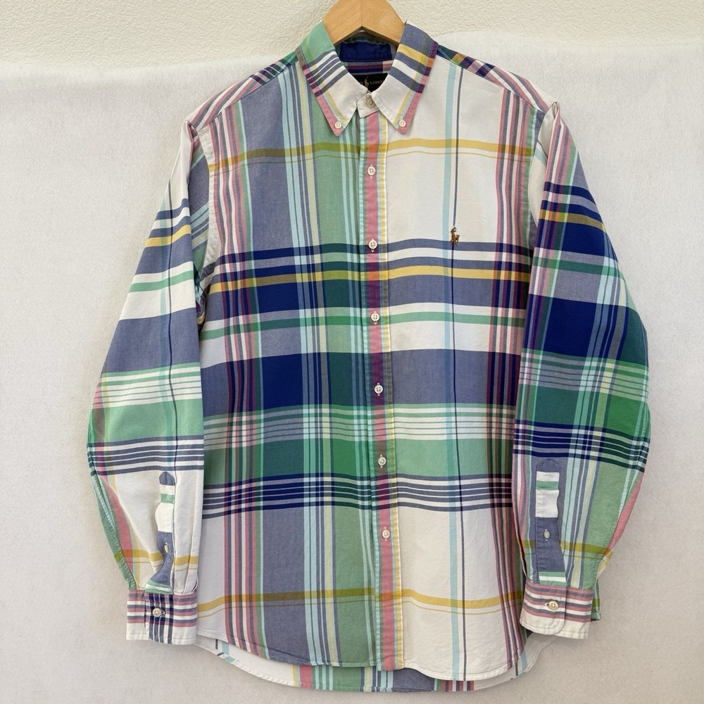 Ralph Lauren Classic Fit Plaid Oxford Shirt Large Multicolor Pastel Flesh Pony